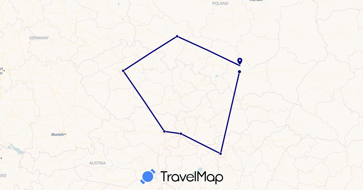 TravelMap itinerary: driving in Austria, Czech Republic, Hungary, Poland, Slovakia (Europe)